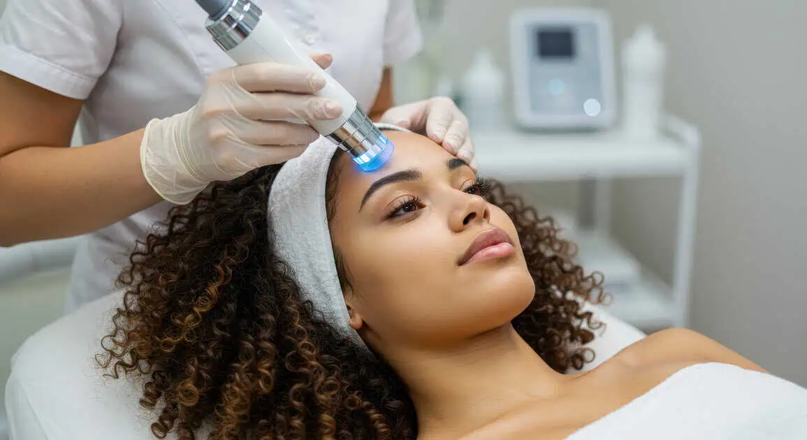 A woman receiving a HydraFacial treatment at a skincare clinic in Beverly Hills, CA