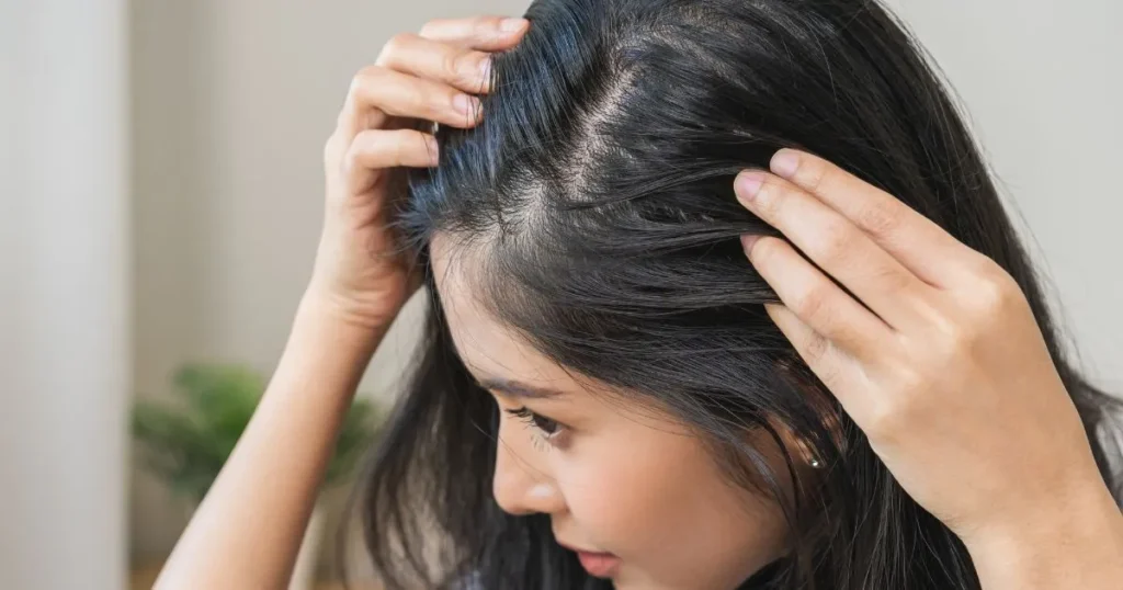 Young woman examining her scalp after HydraFacial Keravive Treatment in Beverly Hills, CA