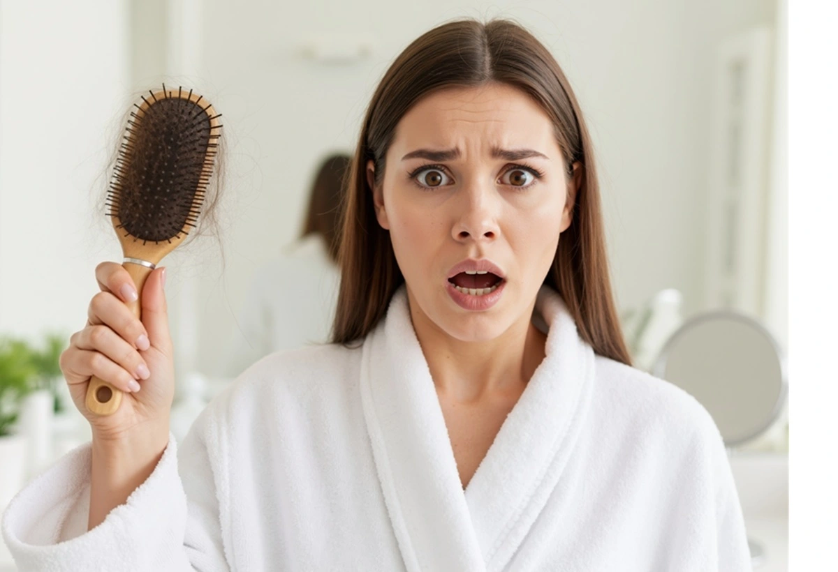 Woman concerned about hair shedding holding a hairbrush, representing hair thinning solutions at ARA Med Spa in Beverly Hills.