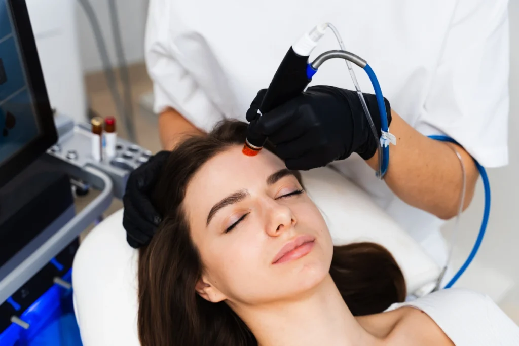 Woman receiving HydraFacial anti-aging treatment for fine lines, hydration, and skin renewal.